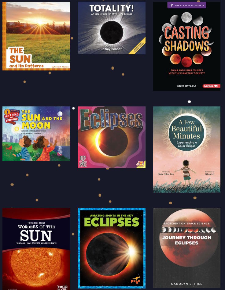 a series of 9 books in a grid pattern all featuring an eclipse theme