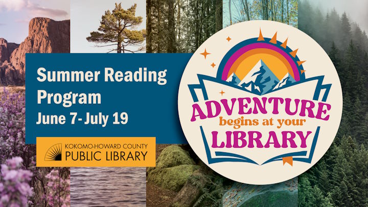 Summer Reading Program logo with various landscapes in the background